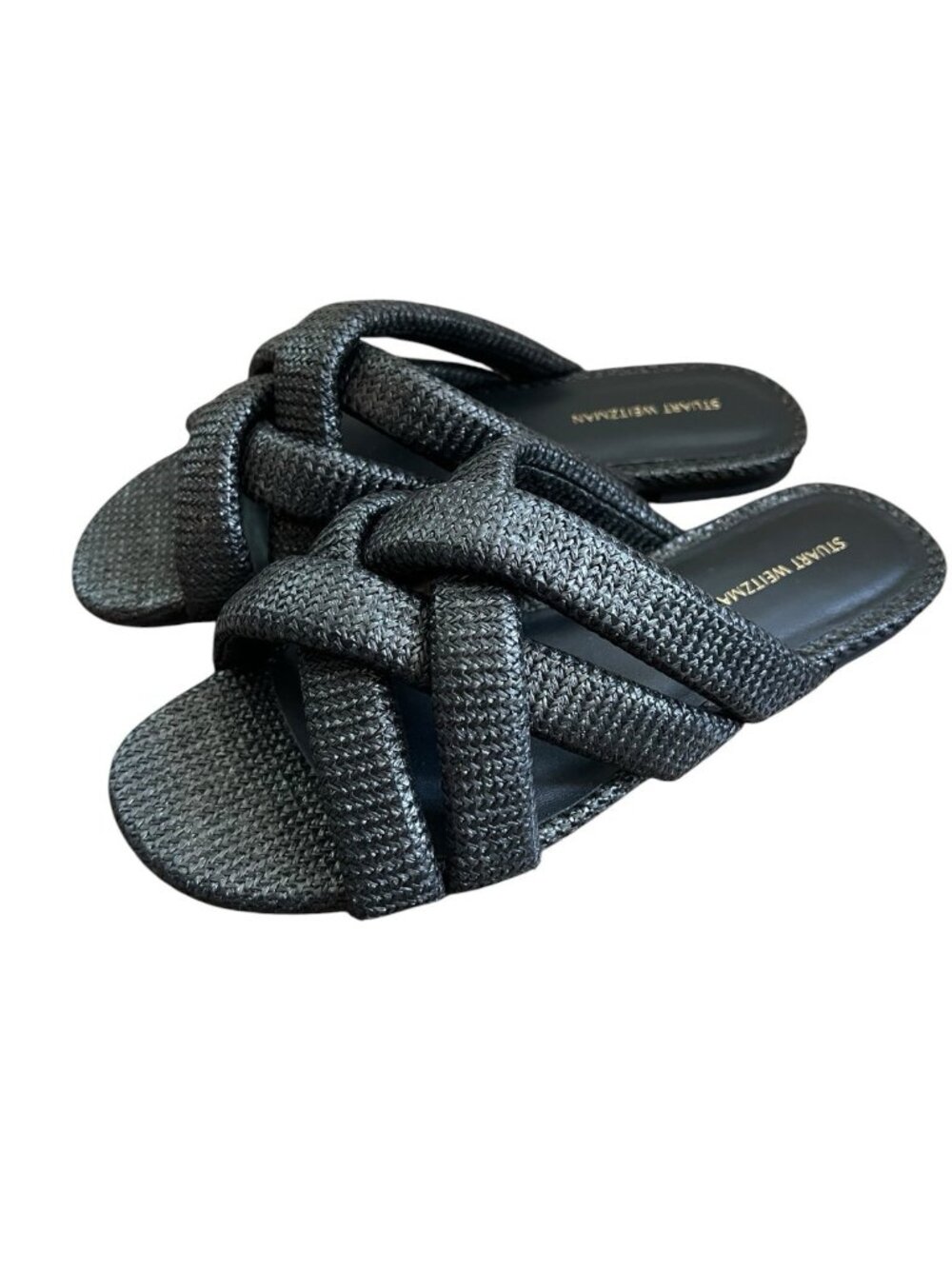 NEW Stuart Weitzman Crossover Raffia Slide Sandals Women's Black Size 7